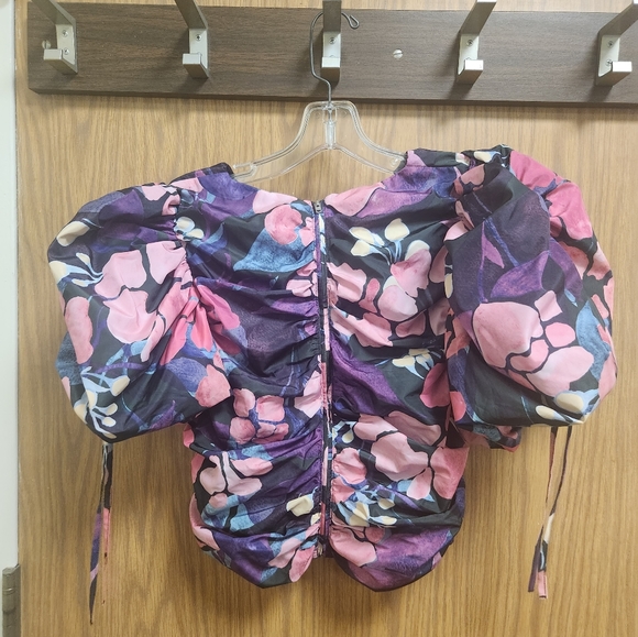 H&M Gathered Puff-sleeved Blouse Blouse Colorful Floral Print Sz M. NWOT - Picture 5 of 14